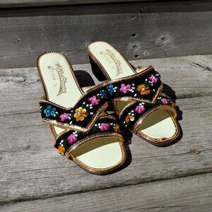 Vintage Beaded Velvet Shoes Sequined Slippers Size 6 Black Gold Retro